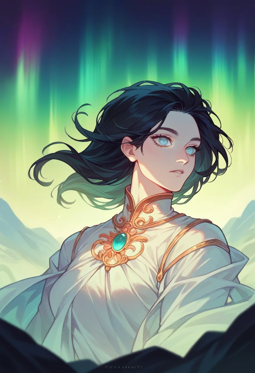 blue colored eyes, long straight black hair, Caucasian skin, reddened mouth, . Background with aurora borealis