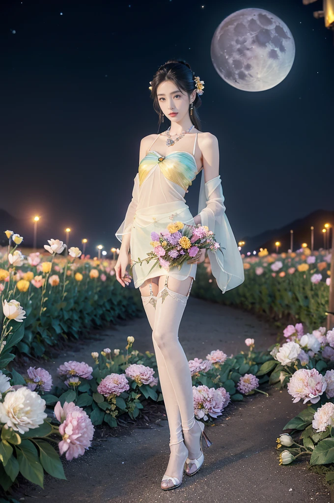 (((best quality))),(((ultra detailed))),(((masterpiece))),illustration,((1 beautiful girl,solo)),(neat chignon:1.2),((earrings,crystal necklace)),((slim,thin)),((small breasts,flat chest)),(slender legs:1.2),(stockings:1.3),(high heels:1.2),(a moon in the clear night sky as the background:1.3), gentle glow,(Standing in the world full of vibrant flowers:1.3),(arms behind back:1.2),(gorgeous sheer hanfu:1.3),sparkling eyes,graceful,(surrounded by crowded colorful flowers:1.5), kaleidoscope, shimmer,bright moonlight, delicate petals, fragrance, otherworldly, magical realm, enchantment, tranquility, essence of beauty, peace,(outdoor:1.),(night scene:1.3),((from front,full body))