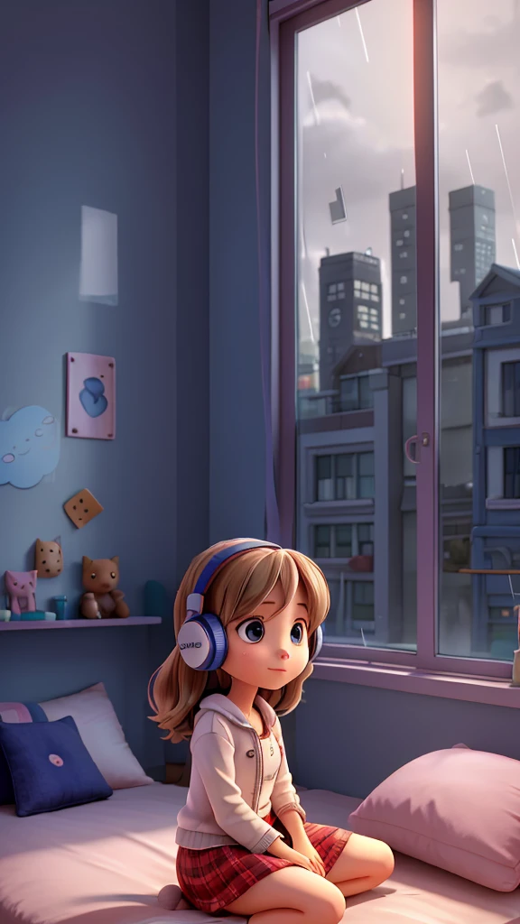 A 1 girl sitting on the bed and listening song by headphones and the girl's background in the window and window inside is whole city look and dynamic cloud with rain