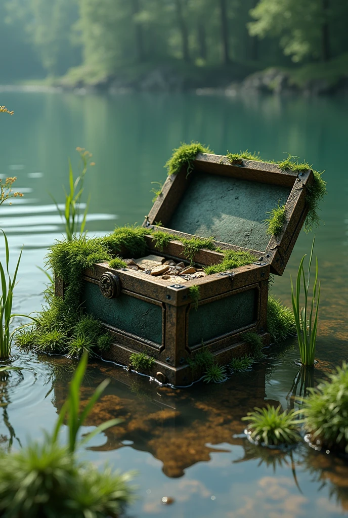 Create the image of an old decorated box, which is submerged in the lake and is open at one corner and stuck in the ground, It is covered with moss and plants
