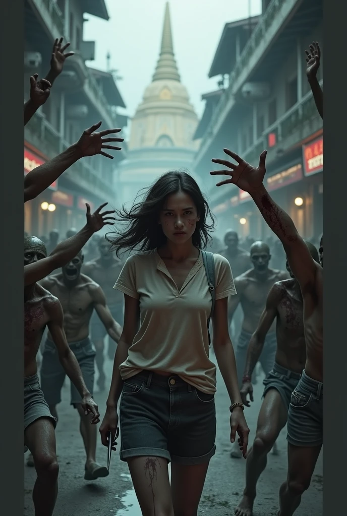 A woman clothes stained with blood, hand holding knife, carry a backpack. The area is Thai urban street with tuk-tuk car behind. Zombies are around trying to reach out to her. The background is Thai temple
