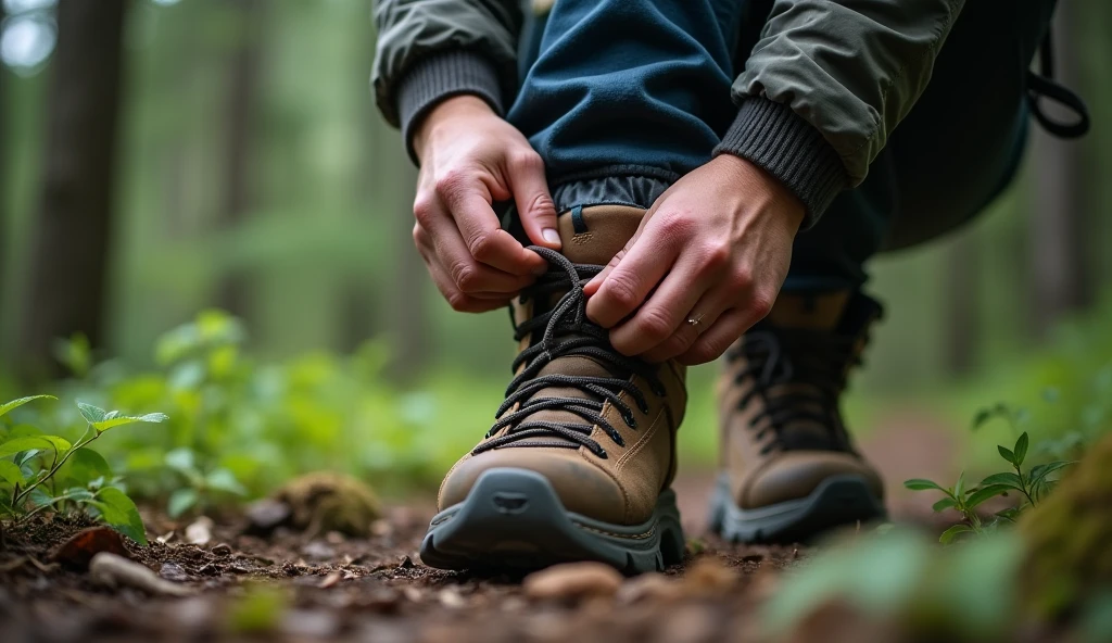 person tying shoelaces, putting on hiking boots preparing to walk in the forest. Close up of hands tying shoelace