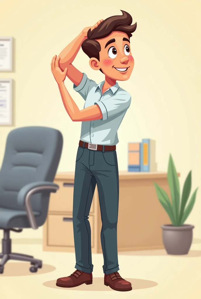 The person is raising one arm towards the chest, with the other arm helping to push the elbow towards the body, which indicates a triceps or shoulder stretch. cartoon version with office clothes