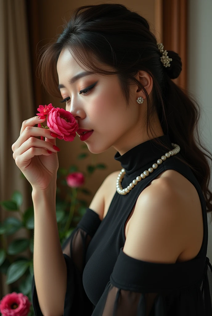Photography,Large aperture ,blur background,HD,Real People,1 Asian girl,Smell the flowers,The movements are natural and elegant,Slightly fat,Red nails,Beautiful facial features,Exquisite makeup,Exquisite eyes,Eye details,Dark eyeshadow,Pearl Necklace,Black high collar sleeveless,Shoulder,arm,Soft light and shadows indoors,Rich details