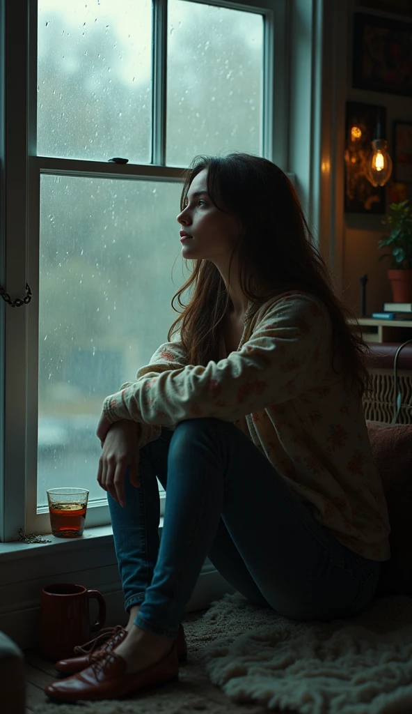 8k,RAW photo, ultra high res, realistic photo, extremely quality photo, sharp focus, epic realism, realisitic, Create a scene where a young woman is sitting by a window, looking out at a rainy day. The window should be rain-streaked, with droplets visible on the glass. The person, dressed in 1960's Woodstock casual, reflective attire, should be depicted with a contemplative or melancholic expression, as if deep in thought. The room should have a cozy, introspective atmosphere, with soft, muted lighting and perhaps a few personal items around. Convey a sense of being weighed down or held back, symbolized by an abstract representation of a 'ball and chain' effect—this could be visualized through metaphorical elements like shadows, chains, or a subtle overlay that suggests emotional heaviness