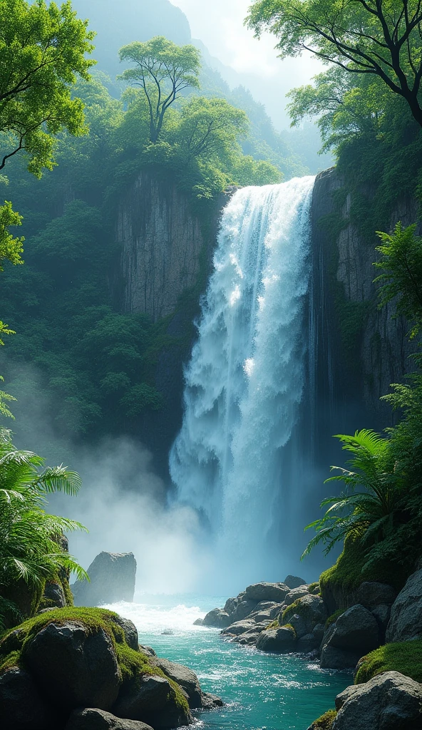 A beautiful waterfall, overflowing with water and surrounded by lush greenery 
