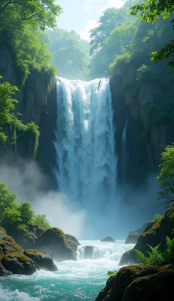 A beautiful waterfall, overflowing with water and surrounded by lush greenery 