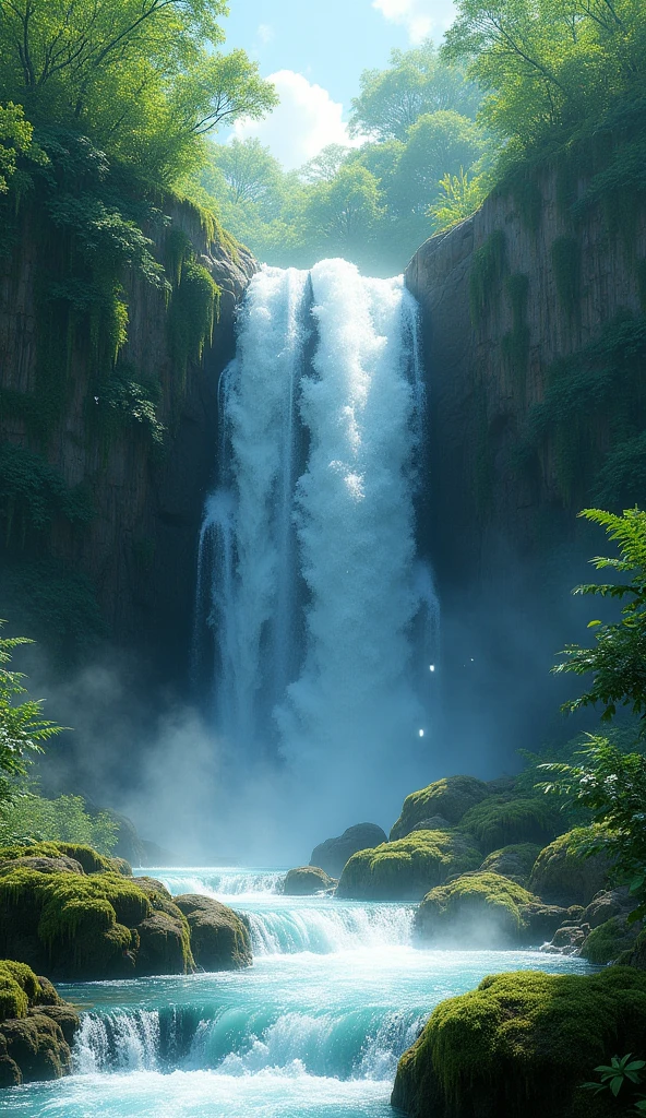 A beautiful waterfall, overflowing with water and surrounded by lush greenery
