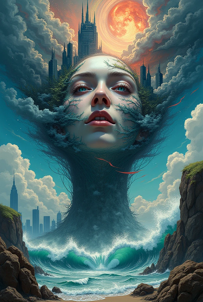 Abstract face in a city landscape, Mark English (Mark English) A realistic painting of , [:Anime Line Art:0.2], Celestial Bodies、hot、thunder、Water Theme, Epic splash art , The Art of Self-Destruction, , Abstract