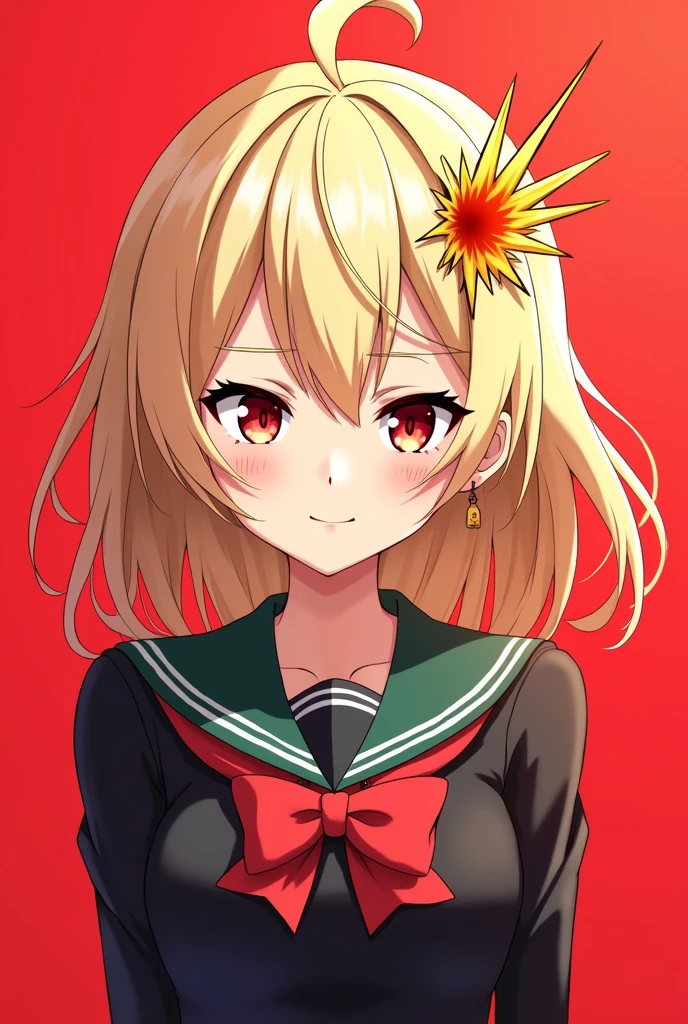 Screenshot of my hero academia. ash blonde hair, red eyes, She expressed herself rudely but gently at the same time, fringe, by the wide, He is wearing the UA uniform, She has an explosion clip in her hair and a red background
