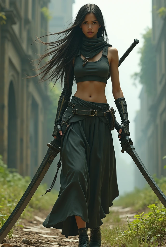 random view angle, skinny female cyborg, confidence, futuristic aerodynamic heavy mechanical arm, enormously long katana, extremely long voluminous hair, long scarf, crop tank, low-rise maxi skirts, strong directional wind, old abandoned overgrown ruins, 3d art, unreal engine