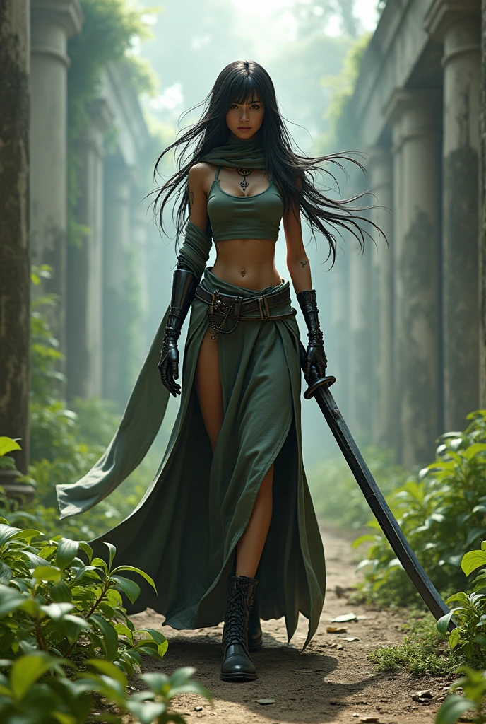 random view angle, skinny female cyborg, confidence, futuristic aerodynamic heavy mechanical arm, enormously long katana, extremely long voluminous hair, long scarf, crop tank, low-rise maxi skirts, strong directional wind, old abandoned overgrown ruins, 3d art, unreal engine