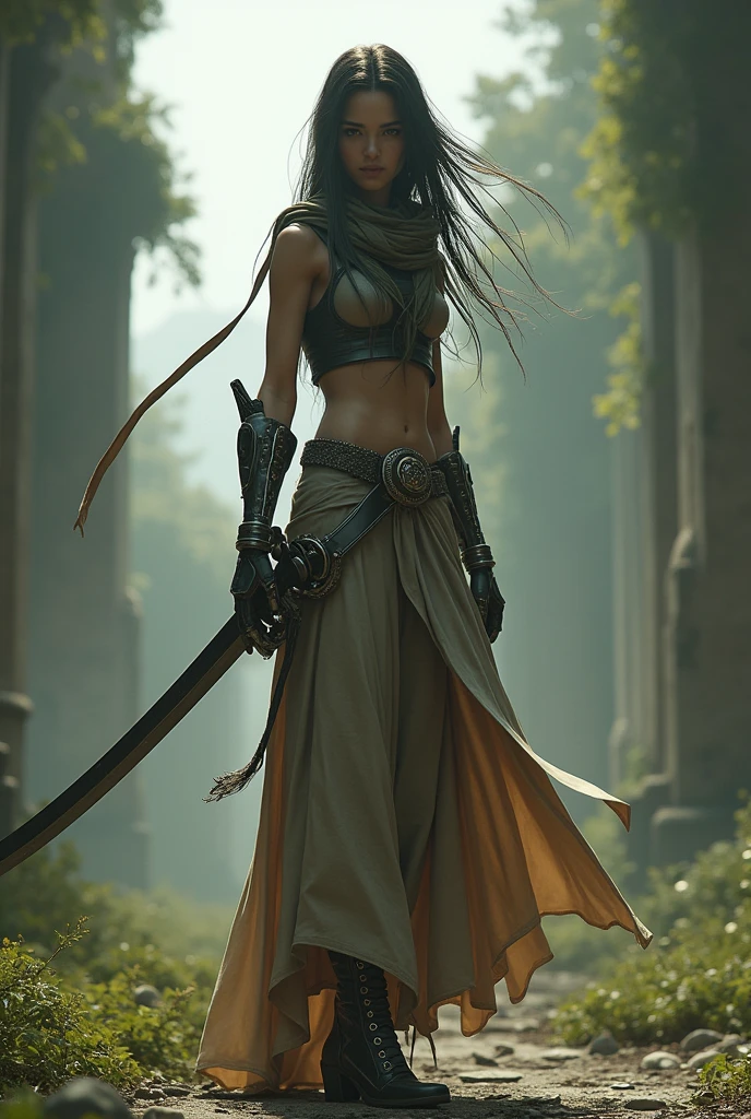 random view angle, skinny female cyborg, confidence, futuristic aerodynamic heavy mechanical arm, enormously long katana, extremely long voluminous hair, long scarf, crop tank, low-rise maxi skirts, strong directional wind, old abandoned overgrown ruins, 3d art, unreal engine