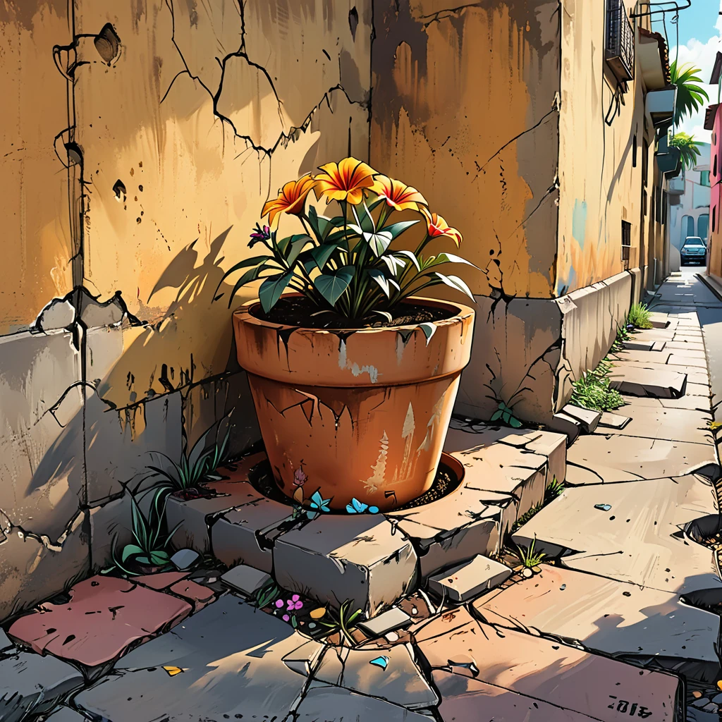 (((cracks on the pot, cracks on the ground, cracks on the walls of the street,))) roots,
half flower pot,
close-up, broken pot with soil and flower, roots with flower, ((cracks)), (((broken pot))), on a tropical street, wall, flower lies on the ground, graphic style of novel comics, 2d, 8k, hyperrealism, masterpiece, high resolution, best quality, ultra-detailed, super realistic, Hyperrealistic art, high-quality, ultra high res, highest detailed, lot of details, Extremely high-resolution details, incredibly lifelike, colourful, soft cinematic light,