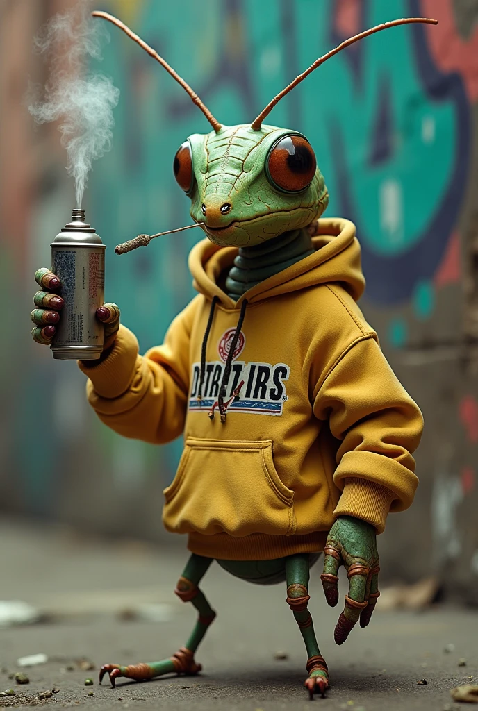 Create a cricket with a sweatshirt on and a graffiti can on one of its limbs and a marijuana joint in its mouth or a marijuana leaf on another limb.