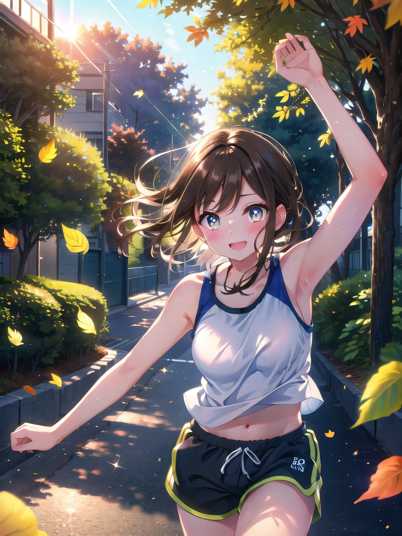 ((8k, Highest quality, masterpiece: 1.3)),Ultra-high resolution,(1 girl, alone), (Color changing eyes, Ultra-detailed, Expressive brilliance, Glitter, Glowing Eyes), Highly detailed eyes, Highly detailed face, Random Hair, ((pastel colour))The woman, with short, straight black hair, is jogging down a quiet neighborhood street with her partner. She’s dressed in athletic wear—a fitted tank top and running shorts, her expression focused and determined as she keeps up the pace. Her brown eyes occasionally glance at the camera with a confident, energized smile, sharing the sense of accomplishment. The street is lined with trees, their leaves rustling in the morning breeze, and the sun is just beginning to rise, casting a golden light over the scene.