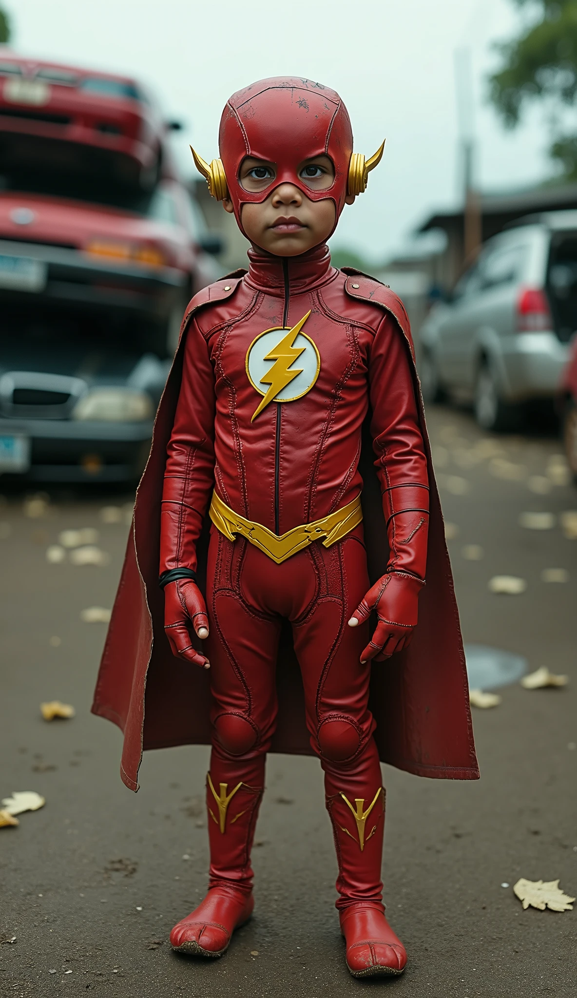 hyper realistic, photo of , wearing the the Flash costume create from used cardboard with a lot of crack in costume, the costume with intricated texture details. Standing in chaotic Indonesian village look like Gotham City ,background pile of Indonesian used cars. Setting in year 1990. Late afternoon, overcast lightning, shot on Kodak Portra 200, full body, film grain, nostalgic mood.