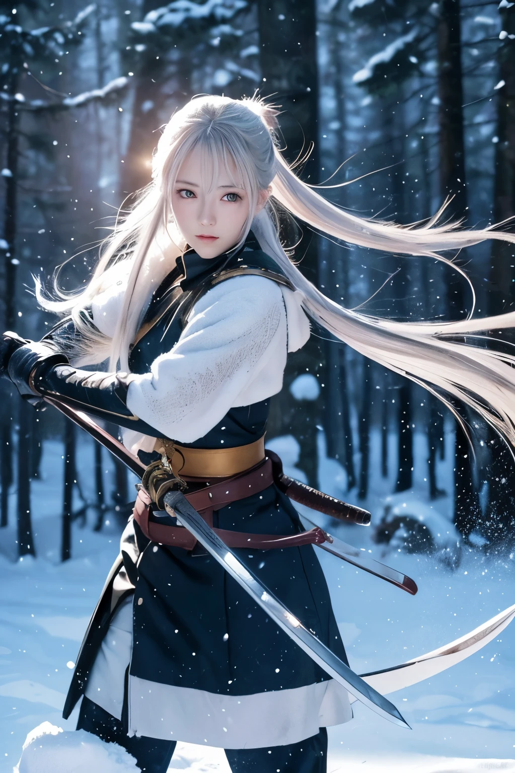 Running through the snow, swinging a sword. Fighting in the snow. Beautiful woman detection. Her ponytail is swinging wildly. A sword is visible in the snow. Swordsman swinging a sword wildly. In the forest. In a snowy forest. Dim. Snow is falling. Fighting in the middle. Enemies can be seen here and there. Anime style. Anime art style. Anime. A cool and beautiful swordsman. Well-defined facial features. Narrow eyes. Arched eyebrows. Anime style. 8K high quality. Accurate reproduction. Correct pose. Correct reproduction. A female swordsman fighting in a snowy forest.