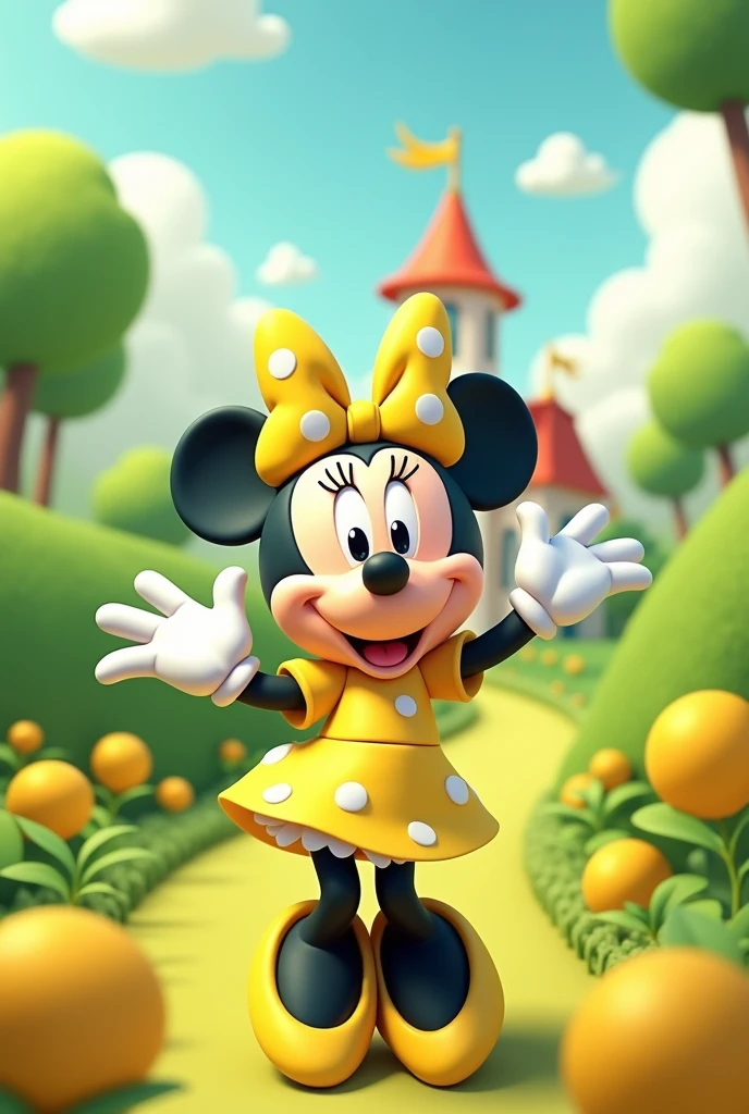 For a cover, a lemon green background landscape. With Minnie Mouse and her big house in the background. Clouds and trees. That the whole image looks good without gradient and that Minnie is noticeable and stands out too. Correctly generates Minnie's hands without errors