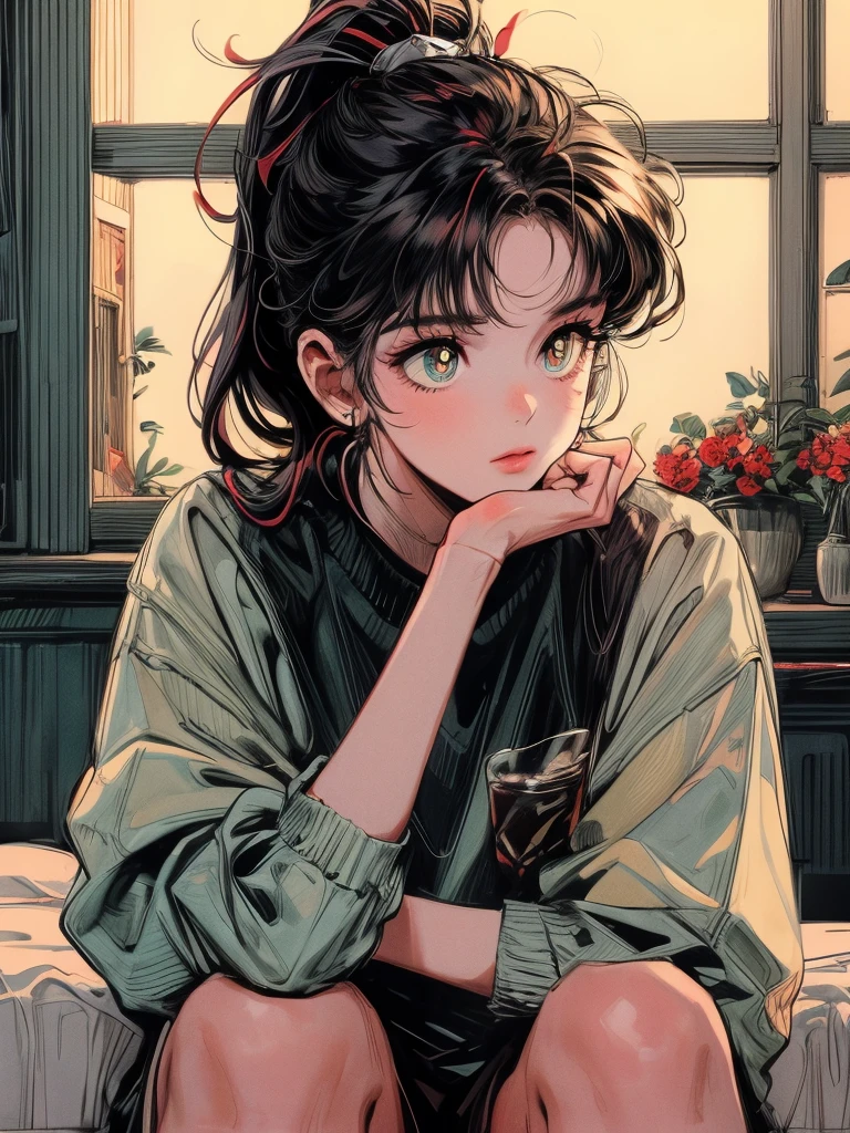 beni, solo, 1girl, yellow_pupils, black_hair, high_ponytail, red_flower_hair_ornament, Contemplating, (((background bedroom))), window, sit-down, cofee, ((person1))