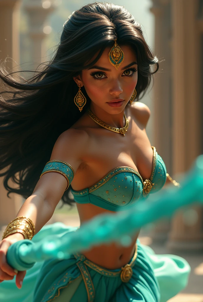 Stunning Princess Jasmine, photo in 8k, in action, cinematic.