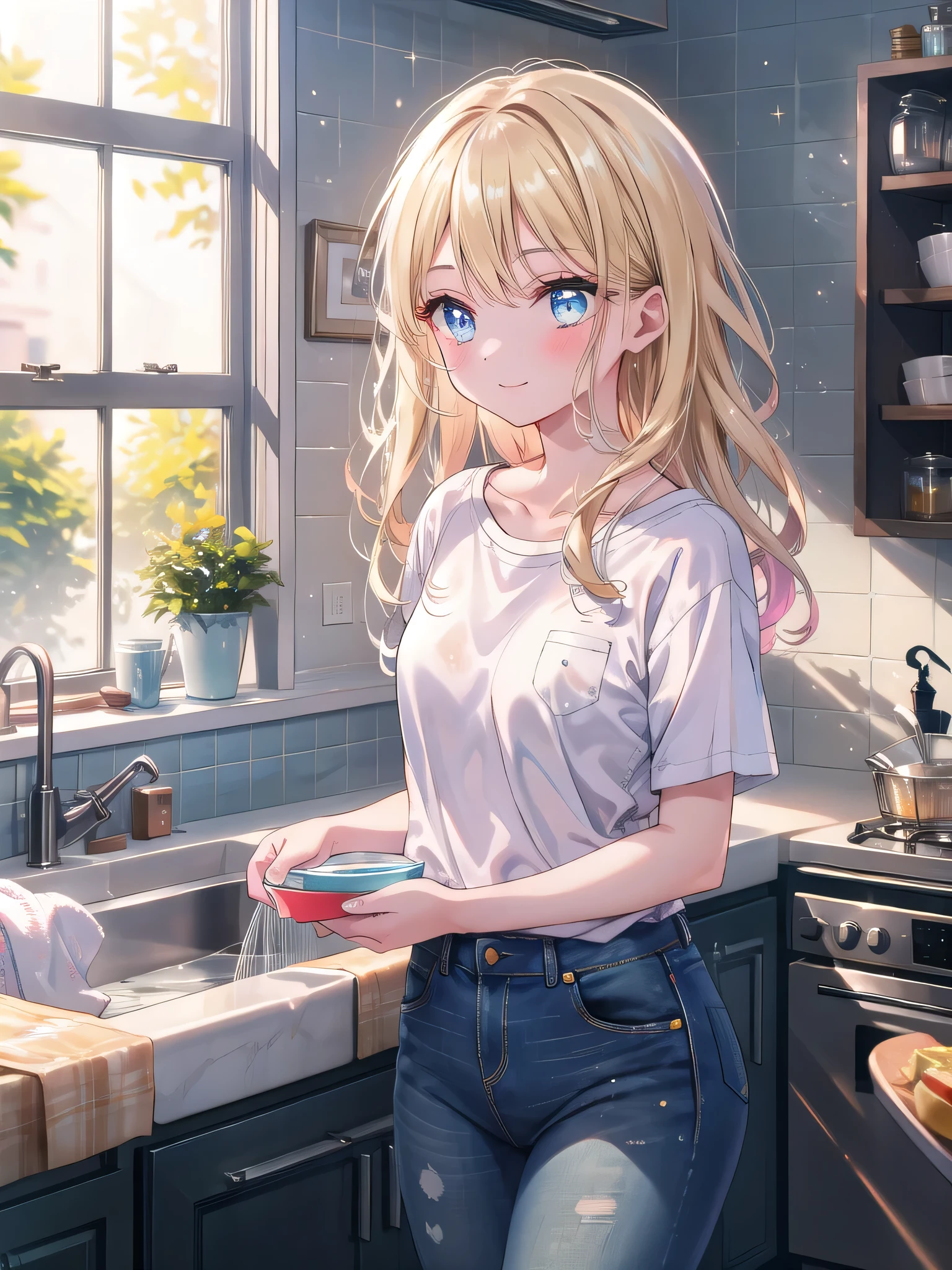 ((8k, Highest quality, masterpiece: 1.3)),Ultra-high resolution,(1 girl, alone), (Color changing eyes, Ultra-detailed, Expressive brilliance, Glitter, Glowing Eyes), Highly detailed eyes, Highly detailed face, Random Hair, ((pastel colour))The woman, with long, straight blonde hair, is standing at the sink, washing dishes. She’s dressed in a casual T-shirt and jeans, her expression relaxed and content as she hums softly to herself. Her blue eyes occasionally glance at the camera with a small, satisfied smile, sharing the peacefulness of the routine. The kitchen is warmly lit, with the last light of day fading outside. Her partner is drying dishes beside her, adding to the sense of partnership in their daily life.