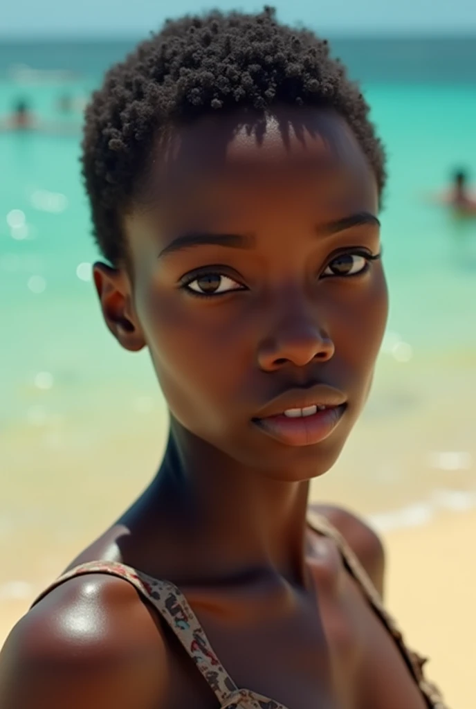 femme africaine ,les cheveux court le regard vers nous ,sur une plage de libreville