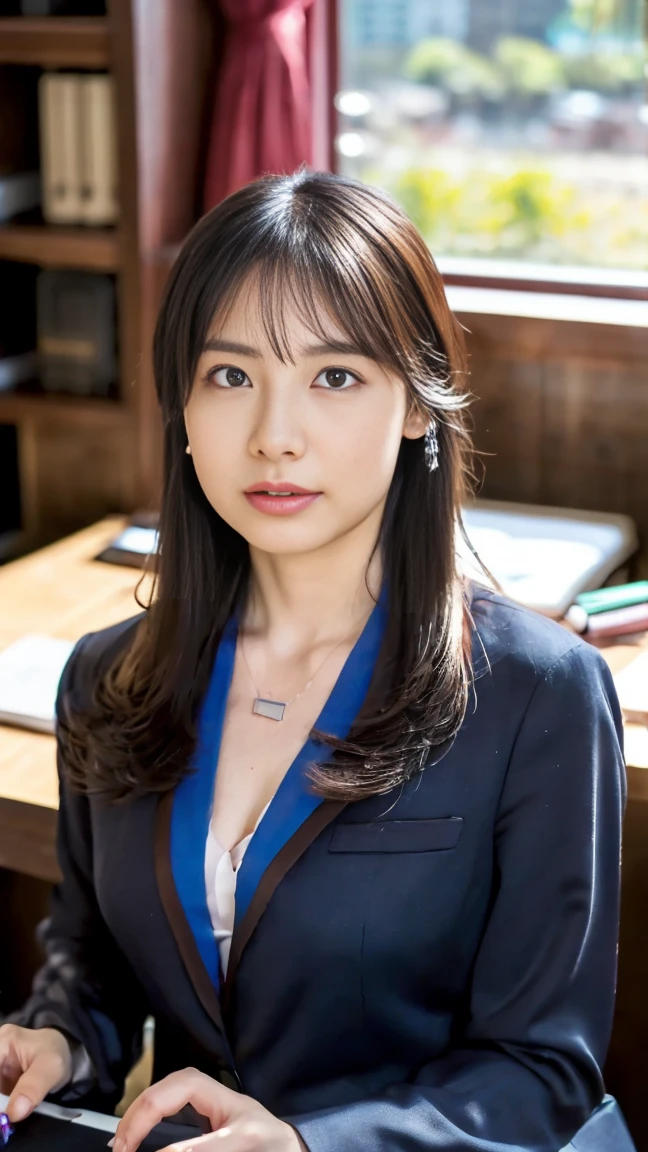 (top-quality, 16K, masterpiece:1.3), (ultra detailed), (masterpiece), (best quality), Highest quality, Realistic, Surreal, Highest quality, Extremely detailed CG, Very delicate, 16K wallpaper, High resolution, A woman in a management position at a prestigious company, 3, beautiful woman, ((Silky hair:1.2)), (beautiful straight medium hair:1.2), ((orgasm:1.5)), ((ecstasy:1.5)), (mole under eye:1.2), ((UNTITLED business suit:1.2)), ((Very simple necklace)), With a large window Japanese office, ((Working at desk:1.5)), Japanese, slender body, very detailed, detailed fingers, detailed hands, detailed eyes, detailed legs, accurate and perfect human anatomy, real human skin, BREAK ((upper body:1.5)), ((look into the viewer's eyes:1.5)), ((looking at viewer:1.5)), ((Front view:1.5)), ((from front:1.5)),