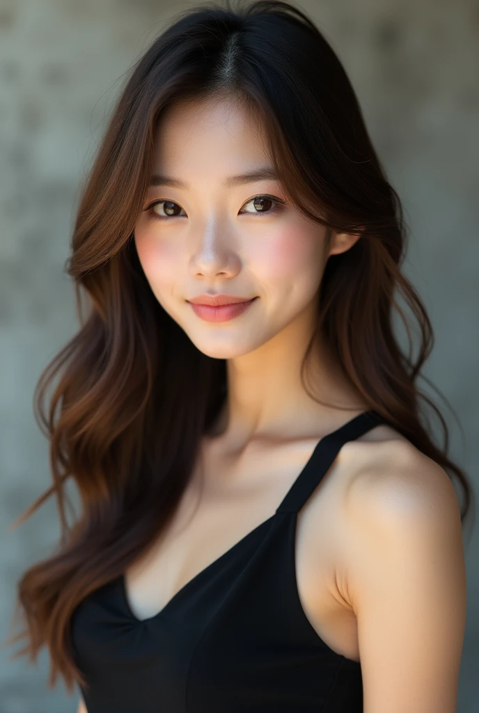 Asian Beauty、beauty、Soft hair、Black Sleeveless、Landscape、I can see your forehead、Background is simple concrete、Olive brown hair、smile、looking at the camera、Outline of an inverted triangle、Big Eyes、Thready hair、Rounded silhouette、human、Realistic、ベースmodel、photo shoot、Chin narrowing、cute、Pure feeling、プロのphoto shoot、Head to chest photo、cute、Beauty、elegant、Shiny Hair、Wax for straightening hair、model、Clear skin、Eyes that tend to be dark、Long, flowing bangs、Asian Beauty、プロのphoto shoot、Kind Face、Clear face、20-year-old、Super Slender Face、