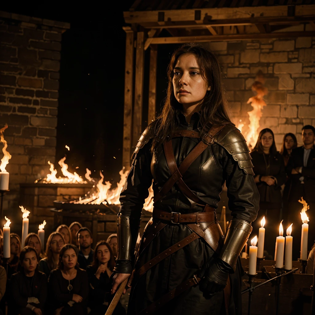 Joan's Execution: Joan of Arc tied to a wooden stake, surrounded by flames. She looks calm and brave, while people in the crowd watch with mixed emotions. The scene is set in a public square, with buildings and onlookers in the background.
