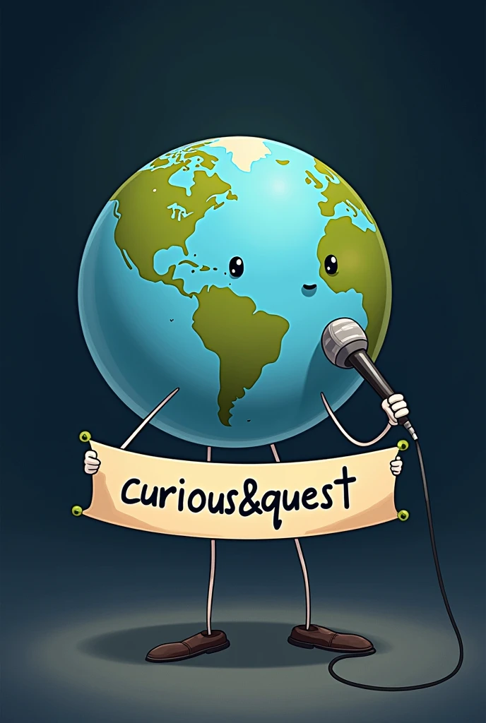 Planet Earth holding a microphone and a banner underneath written "Curious&Quest" with no face