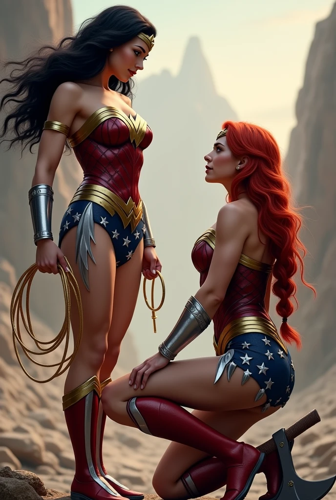 Two Wonder Women, one standing with long black hair in the original Wonder Woman outfit, holding gold lasso in her hand, athlete, muscular body, red knee high boots and silver bracelets, the other on her knees with long, red hair in a braid, athletic body, holding axe in her hand, a black jumpsuit and red thigh high boots with gold trim, silver bracelets, Wonder Woman diaema