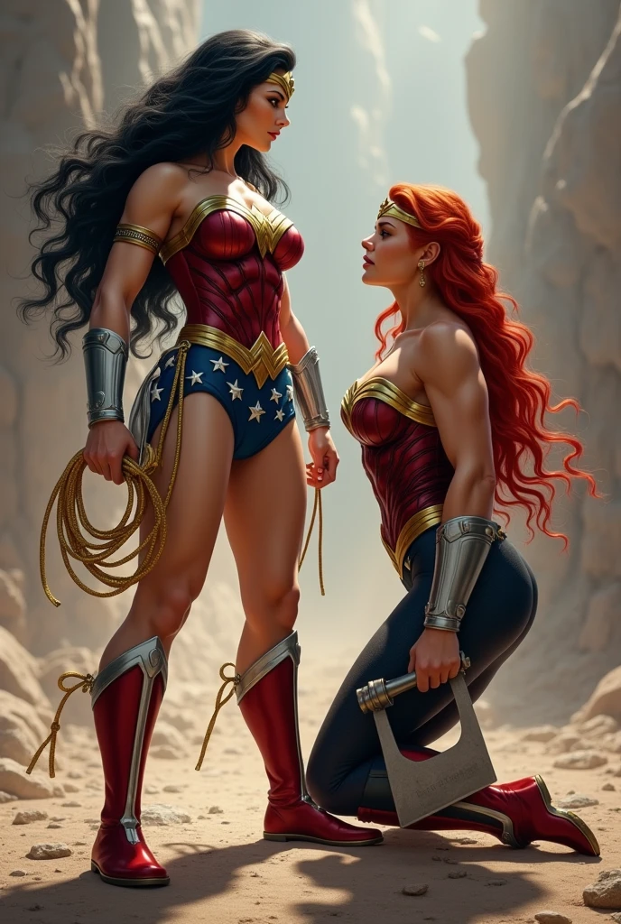Two Wonder Women, one standing with long black hair in the original Wonder Woman outfit, holding gold lasso in her hand, athlete, muscular body, red knee high boots and silver bracelets, the other on her knees with long, red hair in a braid, athletic body, holding axe in her hand, a black jumpsuit and red thigh high boots with gold trim, silver bracelets, Wonder Woman diaema