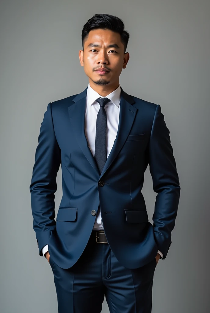 A 2 Bolivian, thin weighing 58 kilos, with 1,74 meters high, with Andean features wearing a navy blue suit. 