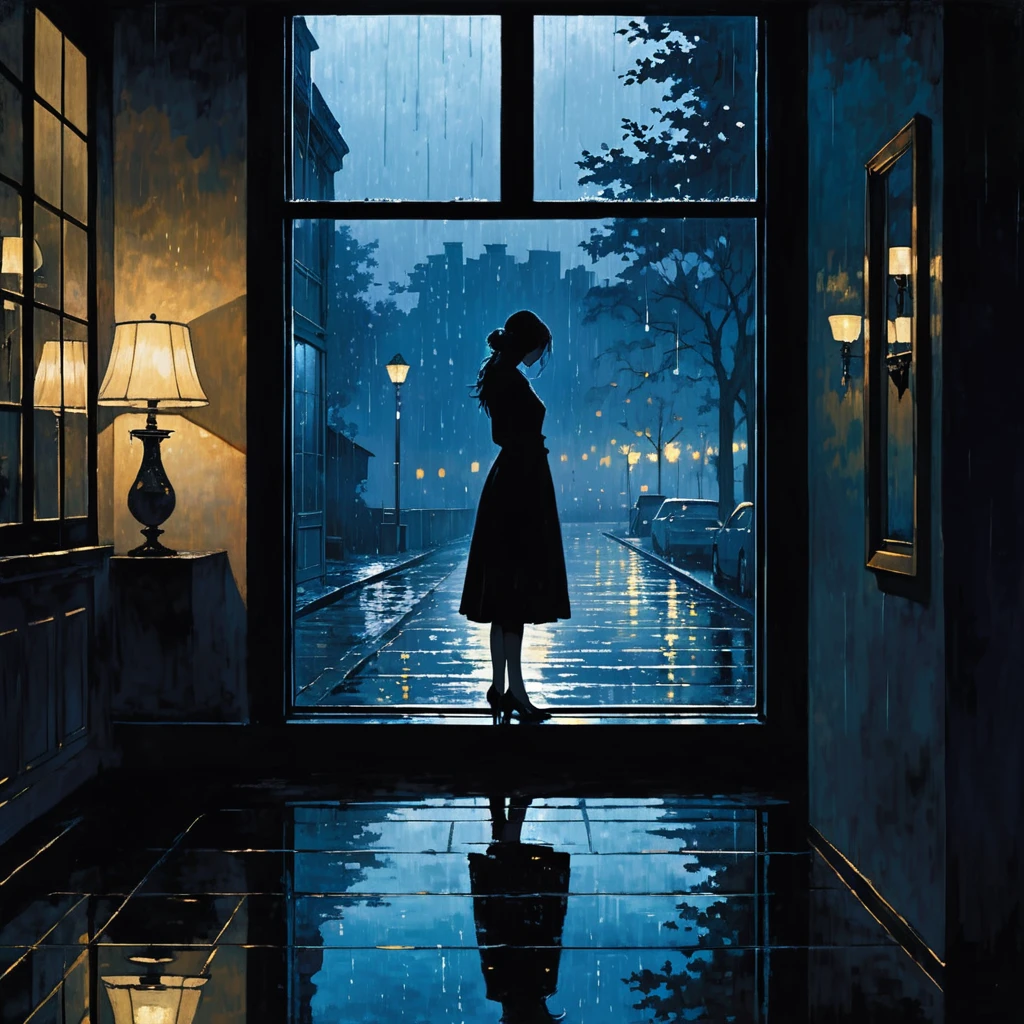 The scene shows a solitary figure standing by a window, looking out at a rainy night. Raindrops streak down the windowpane, and the figure’s reflection is faintly visible in the glass. Outside, the street is dimly lit by a single streetlamp, and the rain continues to fall gently. The room inside is dark, with only a faint light highlighting the figure's silhouette. The color palette should include deep blues, grays, and soft whites to evoke a sense of solitude, reflection, and quiet comfort