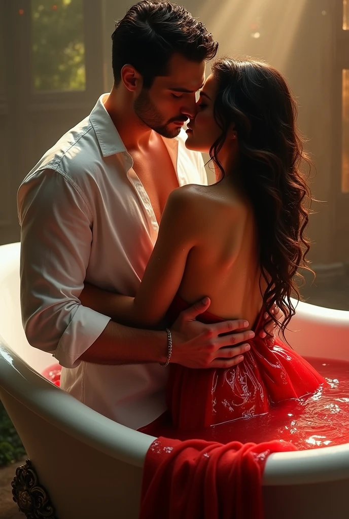 A handsome man in white shirt wet in water holding a beautiful woman in red gown wet in water lying in a bathtub. The man hugging the woman from back