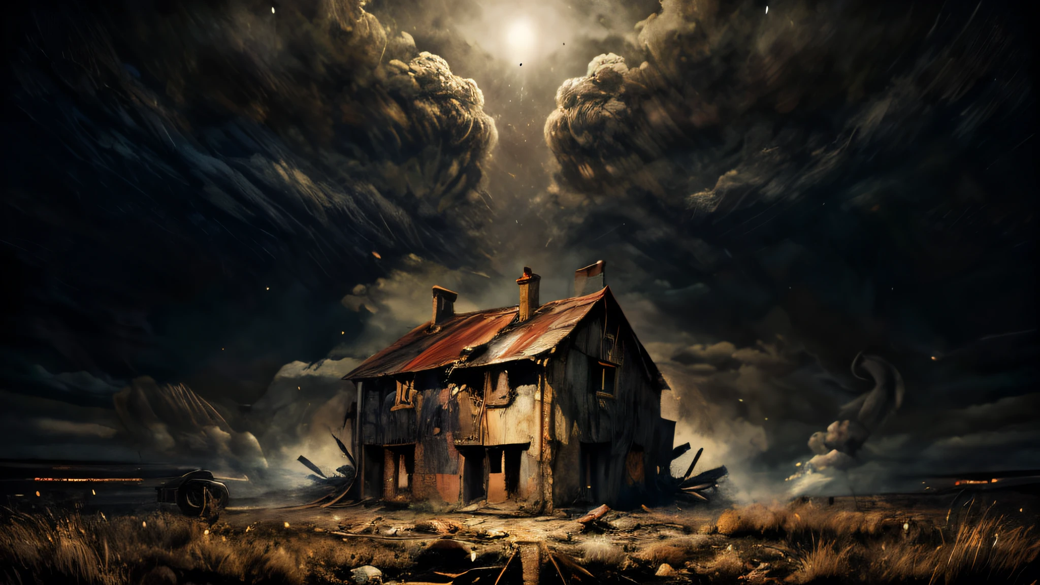 a dilapidated abandoned house at night, rain pouring down, wet roads, dark cloudy sky, smoke and dirt, atmospheric lighting, cinematic mood, dramatic shadows, gritty realism, award winning composition, hyper detailed, intricate details, photographic quality, professional photography, masterpiece