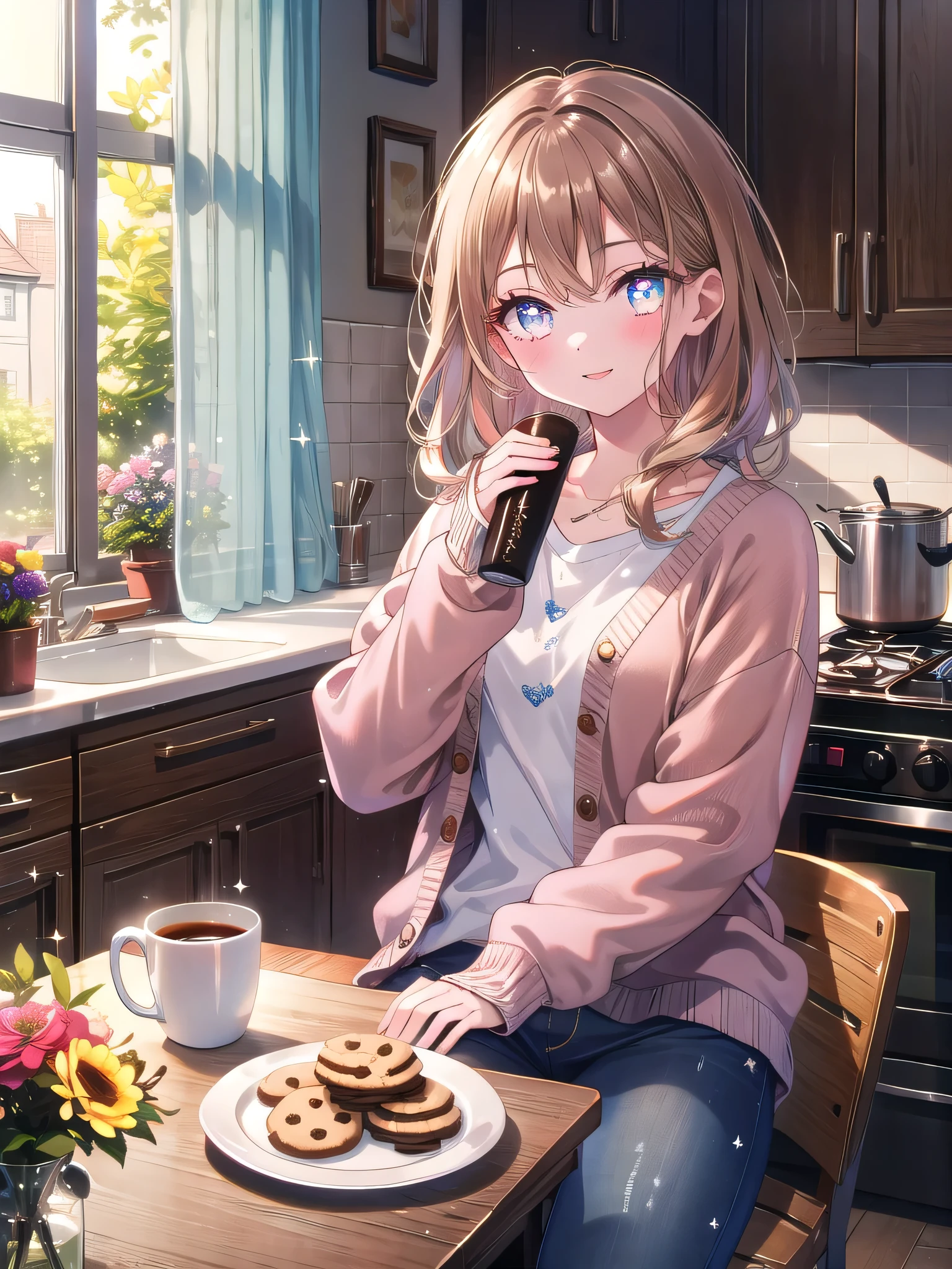 ((8k, Highest quality, masterpiece: 1.3)),Ultra-high resolution,(1 girl, alone), (Color changing eyes, Ultra-detailed, Expressive brilliance, Glitter, Glowing Eyes), Highly detailed eyes, Highly detailed face, Random Hair, ((pastel colour))The woman, with long, straight brown hair, sits at the kitchen table, enjoying a cup of coffee. She’s dressed in a light cardigan and jeans, her expression relaxed and content as she looks out the window. Her eyes occasionally glance at the camera with a serene smile, sharing the calm moment. The kitchen is filled with natural light, and the table is set with a small plate of cookies and a vase of fresh flowers, adding to the tranquil atmosphere.