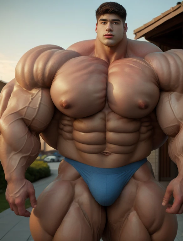 1boy, giant, asian, solo, giant bodybuilder, golden hour, strong body, bulk, large size, walking at suburban street, outdoor, nude, blue triangular underwear with enormous bulge, extraordinary big, brutalmass, giant muscular body, bulk, buff, massive body, large meaty body size, extremely wide body,  tallest body