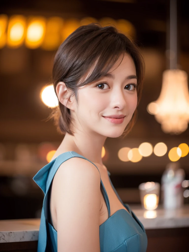 a Close-up portrait of gorgeous smiling cute Japanese woman in a glamorous blue dress outfit, delicate facial features, porcelain-skinned, ponytail, a fusion of young Marion Cotillard's striking eyes and young Anne Hathaway's introspective gaze, long and slender cute face, curved eyebrows, droopy hooded eyes, lower nasal bridge, slim wavy nose, smiling, thin lips, short pixie cut hair, silhouette, bokeh, lobby bar lounge background,