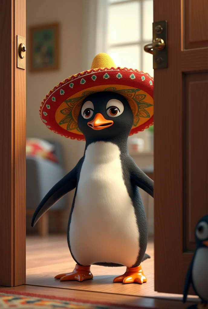 A penguin with a sombrero enters the room