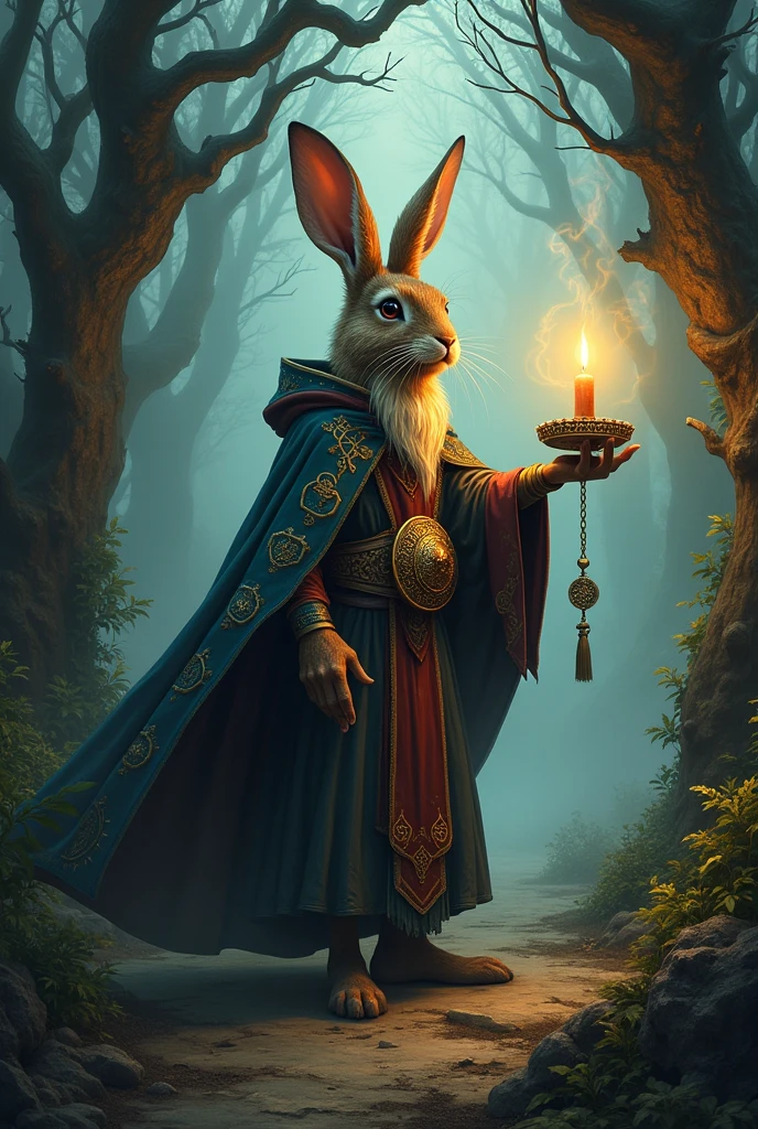 A rabbit wizard walk into the forrest holding a candle lamp in mystery tarrot style