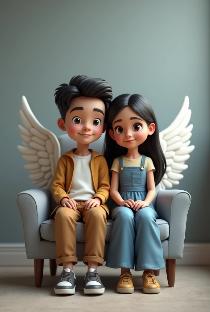 A realestic image ofA 16 year boy and a girl sitting on the chair with wings on it with white colour and boy name amaan and girl name Neelam and the
back wall is in grey colour