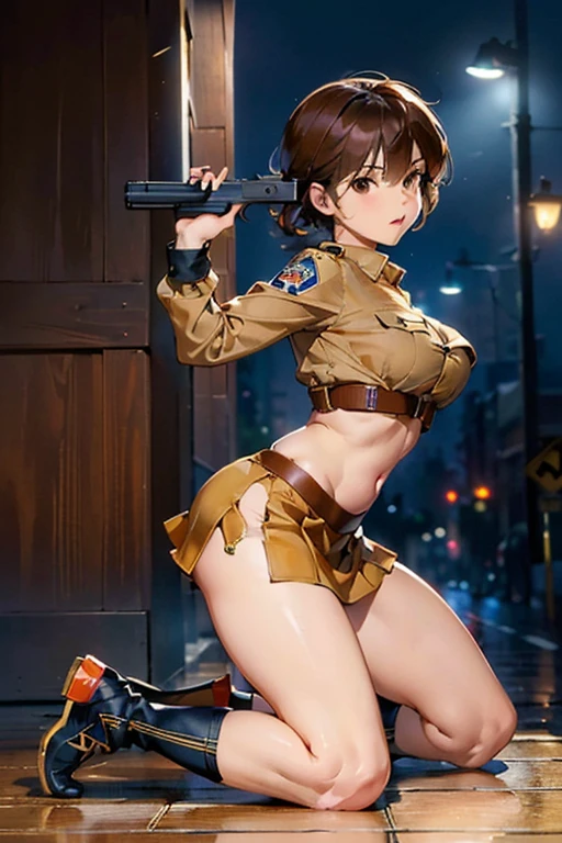((best quality, high resolution,masterpiece,perfect face,8K)),(((clear face, detailed beautiful face and eyes))),(natural lighting), ((extremely detailed CG)),(((perfect symmetrical face))),(((detailed background))),(((full body))),(((shoot from side))),

At city,night,

1girl,policewoman,
(kawaii:1.4),(((brown eyes))),brown hair,
Slim body,large breasts,curvey waist,thick thigh,wide hip,
Police uniform,(((micro miniskirt))),(navel out:1.4),gun holster,short boots,leather gloves,
(((hold a gun and taking aim))),(((kneeling))),(((one knee)),
(((Gun shooting stance))),Military Protect,HIQCGBODY