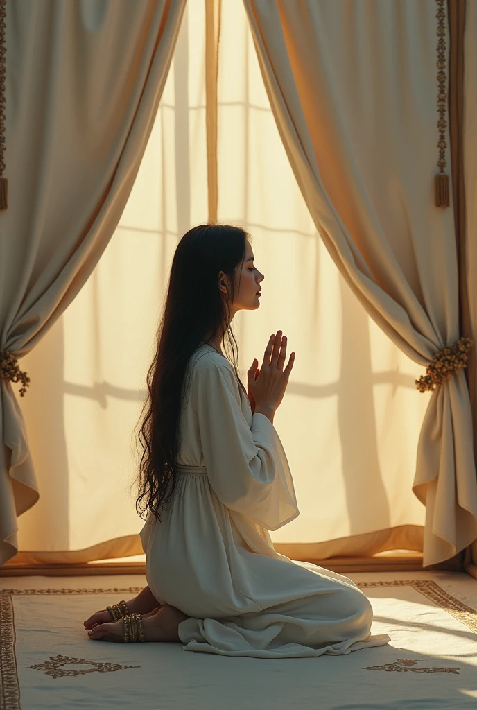 I want a beautiful image of a woman with long hair and typical kneeling shoes praying in a tent