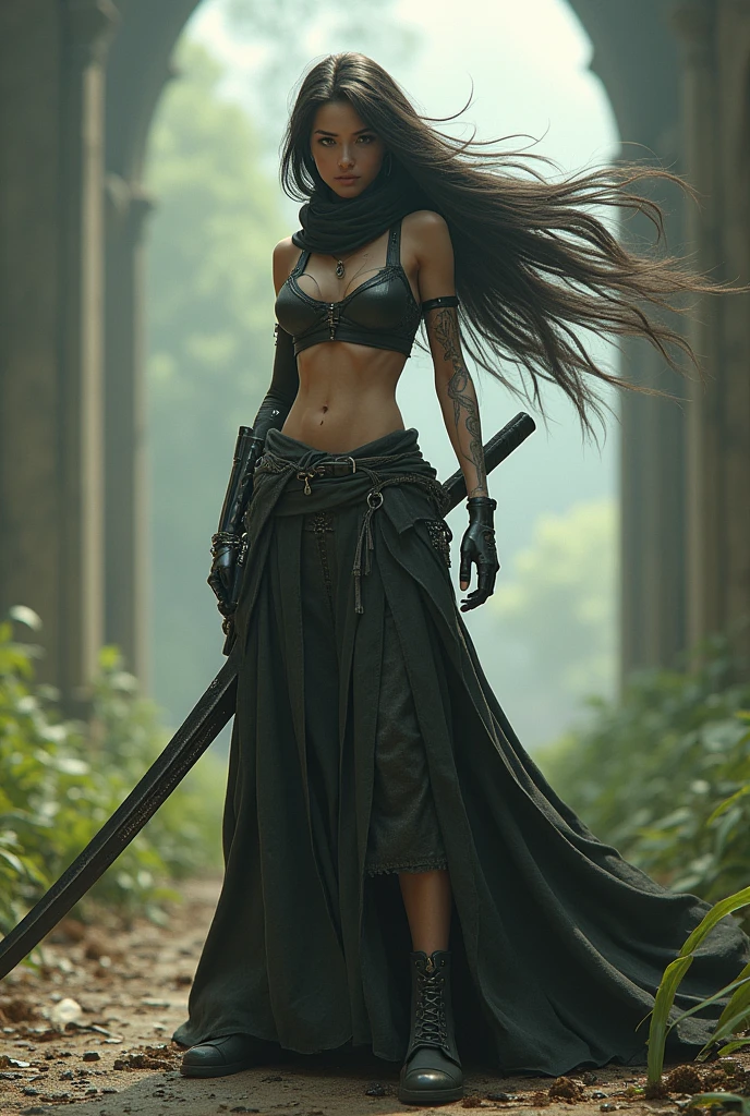 random view angle, skinny female cyborg, confidence, futuristic aerodynamic heavy mechanical arm, extremely long katana, extremely long voluminous hair, long scarf, crop tank, low-rise maxi skirts, strong directional wind, old abandoned overgrown ruins, 3d art, unreal engine
