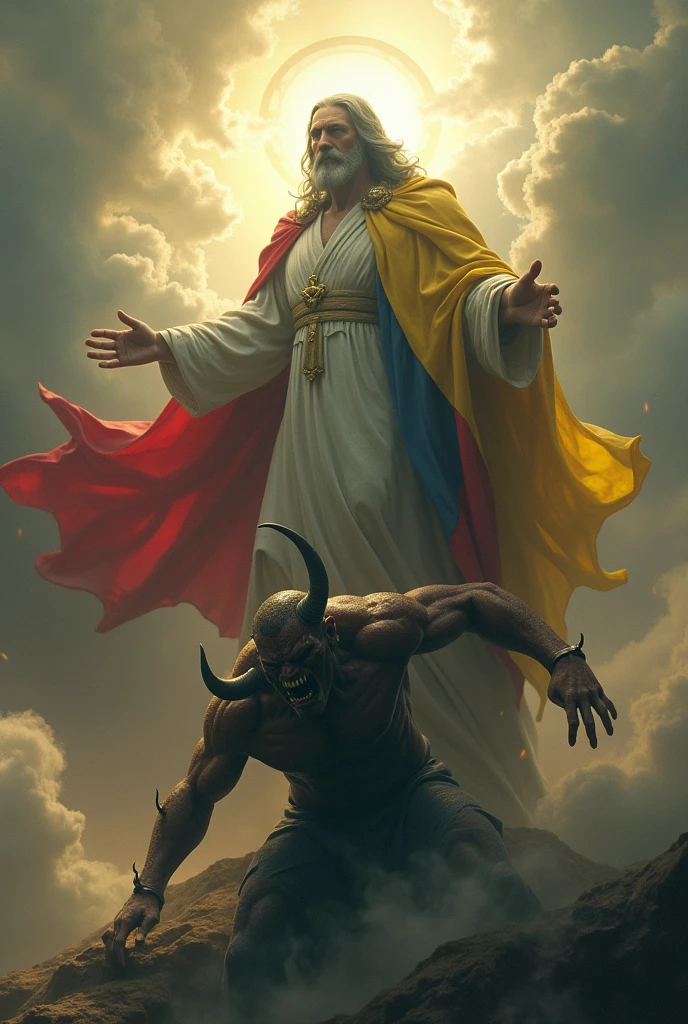 Create a photo of God with the Colombian flag on his back defeating the devil and the devil crying like a little baby, and make the devil a little bigger and with the LGBT flag held in his hand