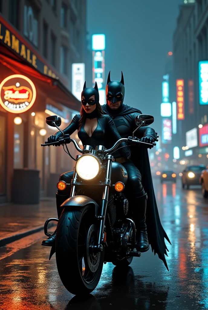 Batman next to Catwoman, sitting in a canteen, leaving the canteen, outside in the street, They leave on the motorcycle, driving, He riding his motorcycle taking her home