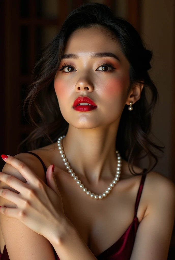 Photography，HD，Real People，1 Asian girl，The movements are natural and elegant，Slightly fat，Red nails，Beautiful facial features，Exquisite makeup，Exquisite eyes，Eye details，Dark eyeshadow，Pearl Necklace，Black high collar sleeveless，Shoulder，arm，Soft light and shadows indoors，Rich details