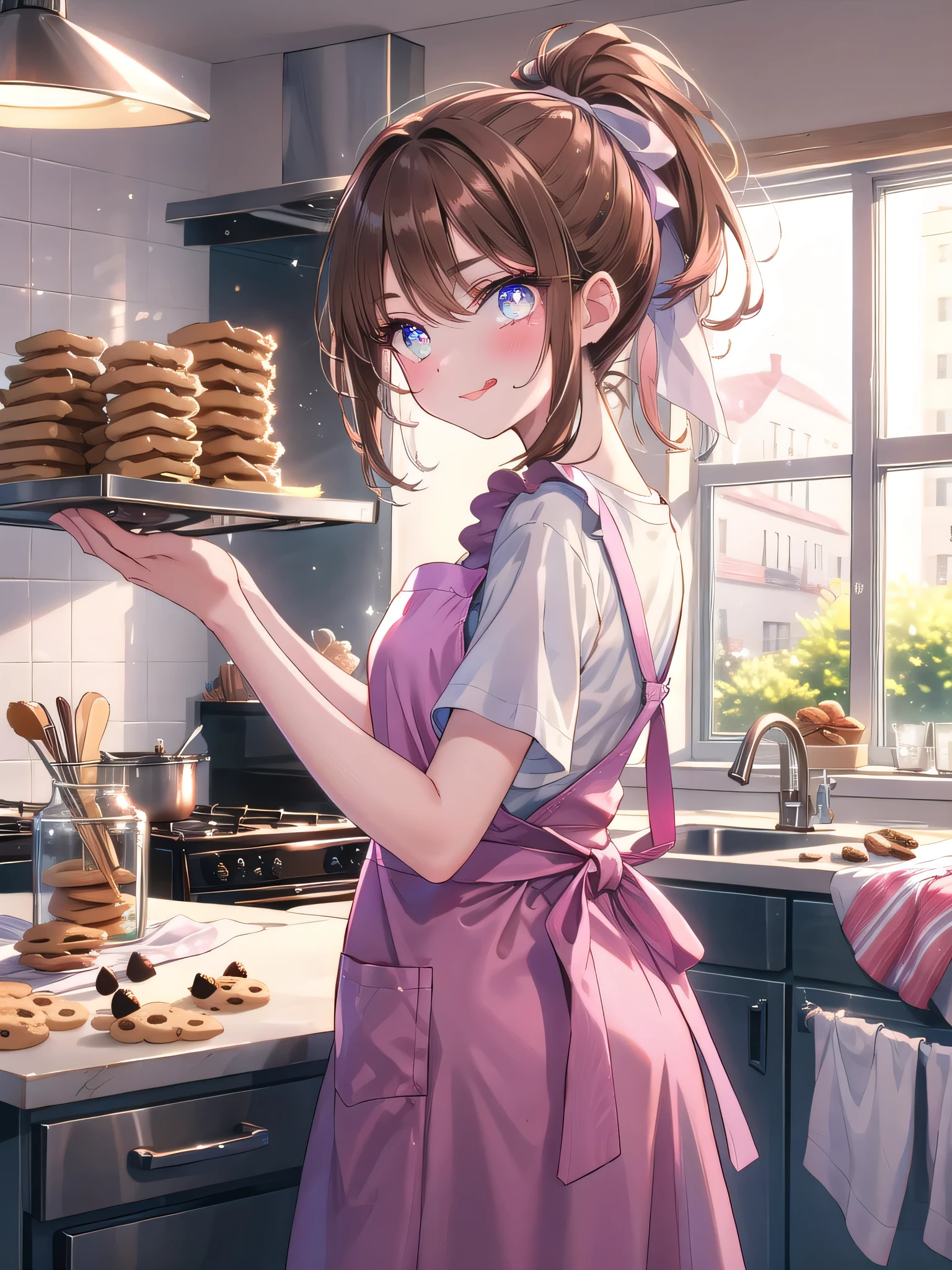 ((8k, Highest quality, masterpiece: 1.3)),Ultra-high resolution,(1 girl, alone), (Color changing eyes, Ultra-detailed, Expressive brilliance, Glitter, Glowing Eyes), Highly detailed eyes, Highly detailed face, Random Hair, ((pastel colour))A young girl with long, straight brown hair tied back in a ponytail is in the kitchen, rolling out dough on a floured countertop. She’s wearing a cute, pastel-colored apron over a white T-shirt and jeans. Her expression is one of pure concentration, her brow furrowed slightly and her tongue poking out just a bit in a playful, focused manner as she works. Occasionally, she glances up at the camera with a proud smile, showing off her progress. The kitchen is warm and inviting, with the aroma of freshly baked cookies filling the air, and the counter is cluttered with baking ingredients and cookie cutters.